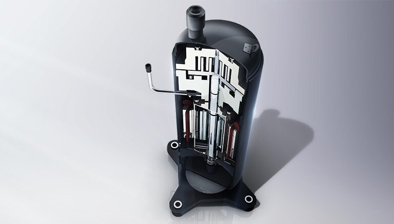 The fourth-generation LG variable frequency compressor with a black-coated base and spiral metal components.